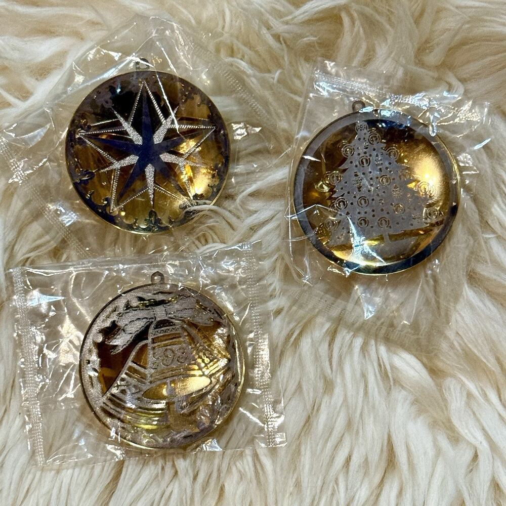 VTG 70s Oneida LTD Silver Plate Brass Laser Cut Christmas Ornaments Set Of 3 NOS